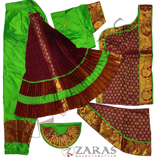 Bharatanatyam Dance Readymade Costume - Light Green with Maroon Brocade Combination