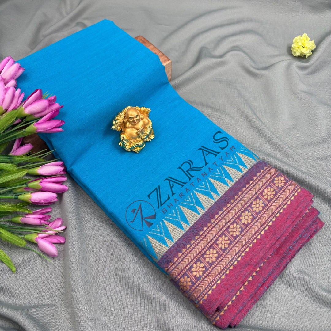 Bharatanatyam Dance Practice Saree - L Blue with Pink Temple Border (6 meter)