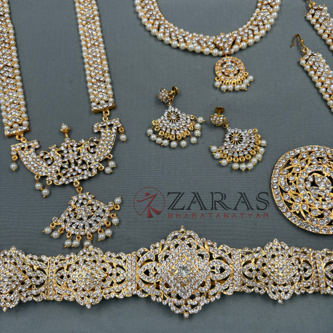 Bharatanatyam Dance Jewellery - V & Flower White Stone Full Set
