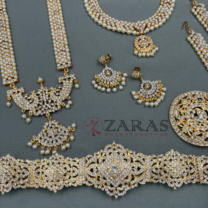 Bharatanatyam Dance Jewellery - V & Flower White Stone Full Set