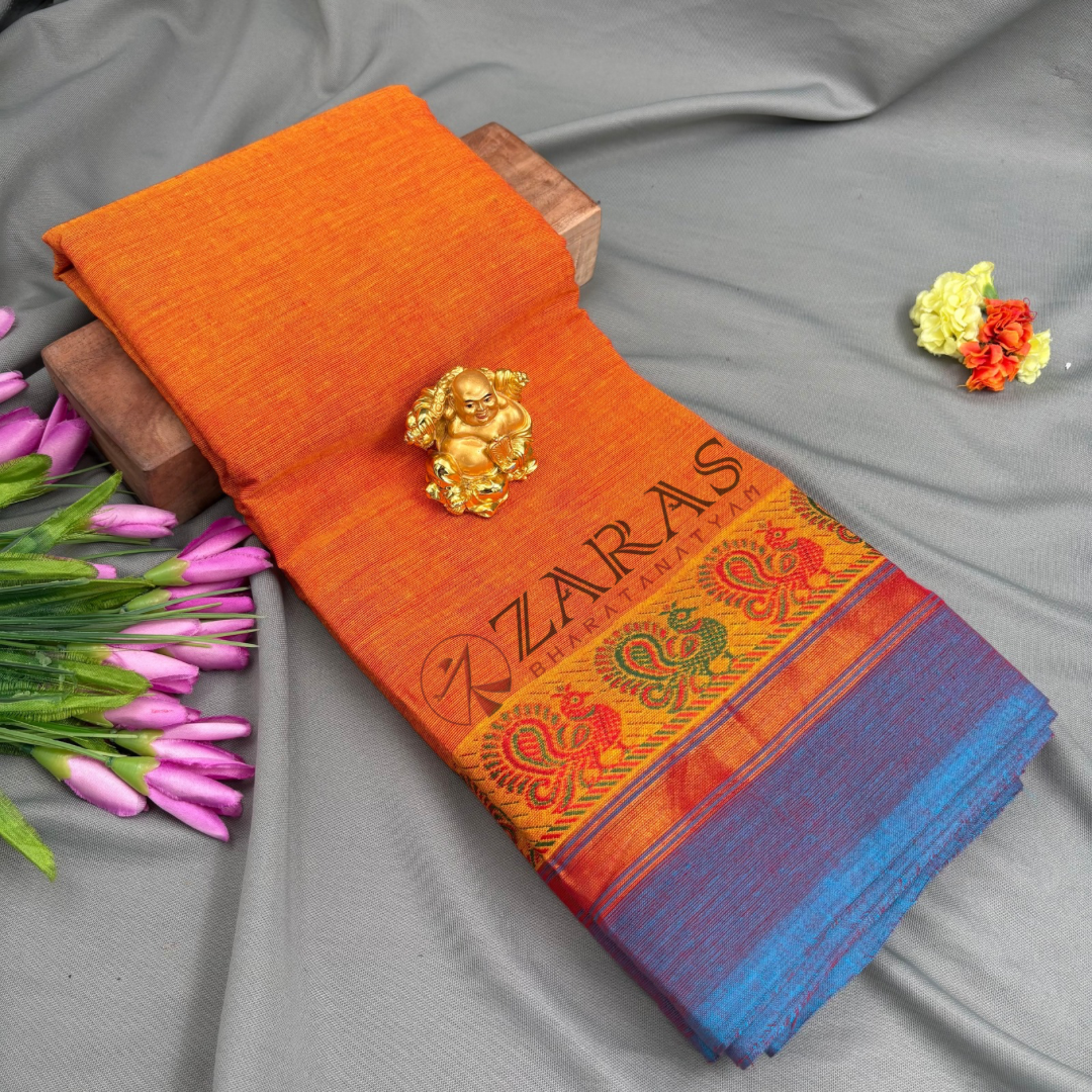 Bharatanatyam Dance Practice Saree - Musted Orange with Blue Small Peacock Border