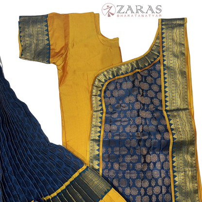 Kuchipudi Dance Readymade Costume - M Yellow with Blue Brocade Combination