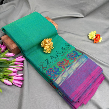 Bharatanatyam Dance Practice Saree - Sea Green with Purple Small Peacock Border