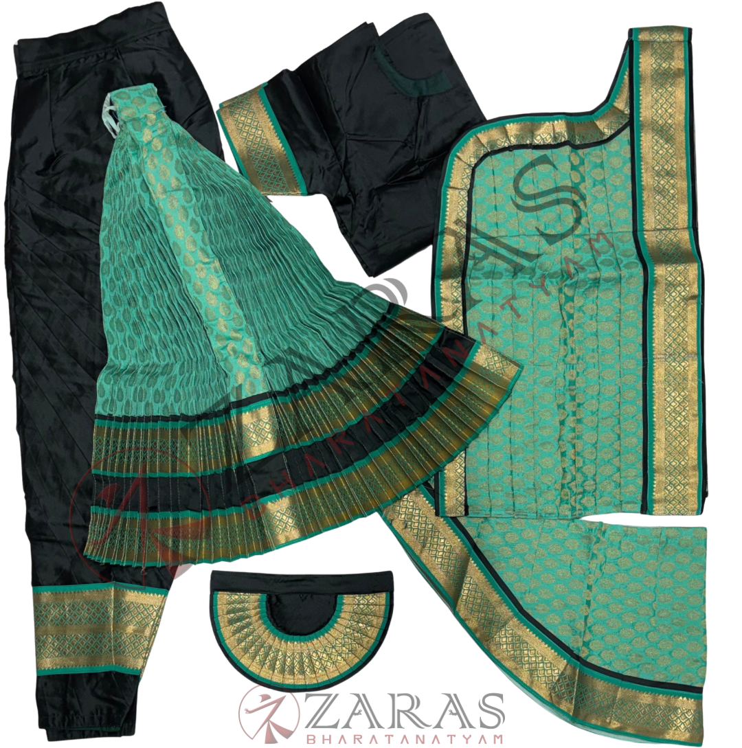 Bharatanatyam Dance Readymade Costume - Bottle Green with Sea Green Brocade Combination