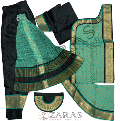 Bharatanatyam Dance Readymade Costume - Bottle Green with Sea Green Brocade Combination