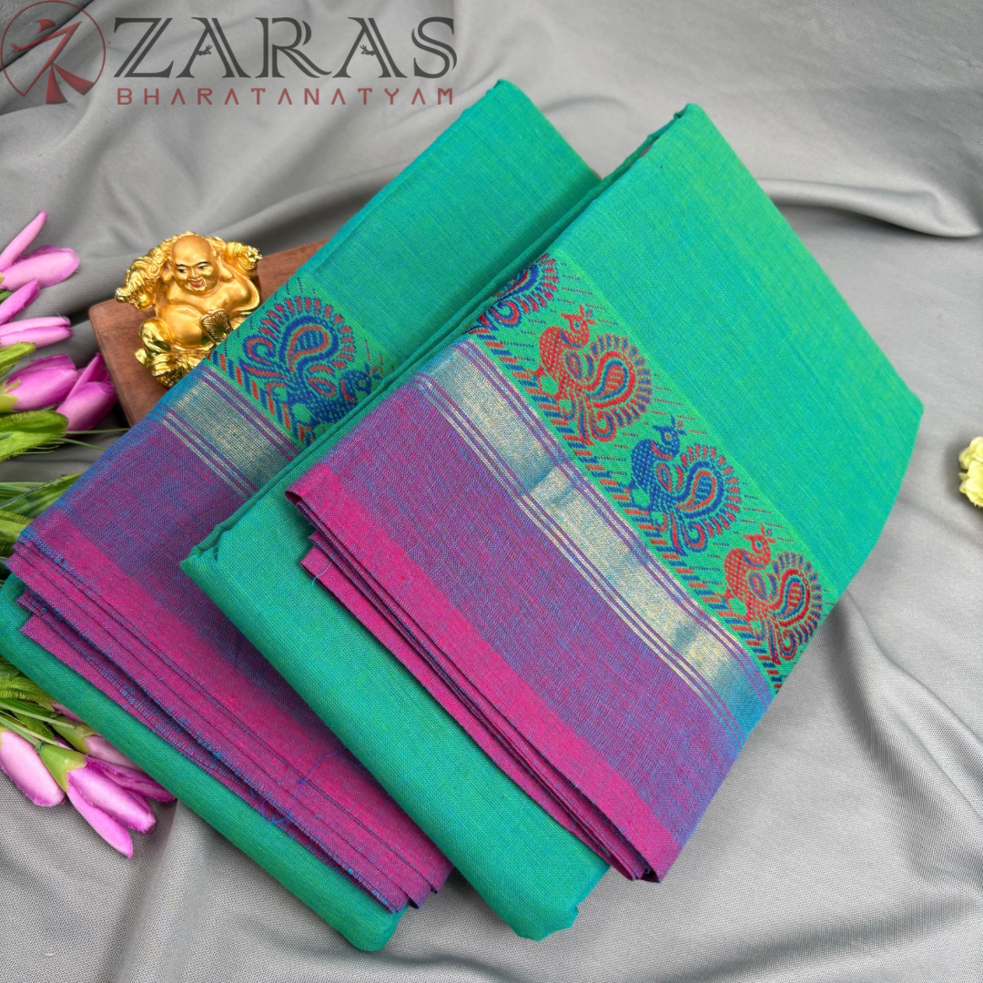 Bharatanatyam Dance Practice Saree - Sea Green with Purple Small Peacock Border