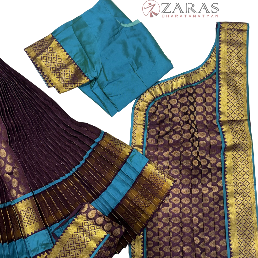 Kuchipudi Dance Readymade Costume - Peacock Blue with Maroon Brocade Combination