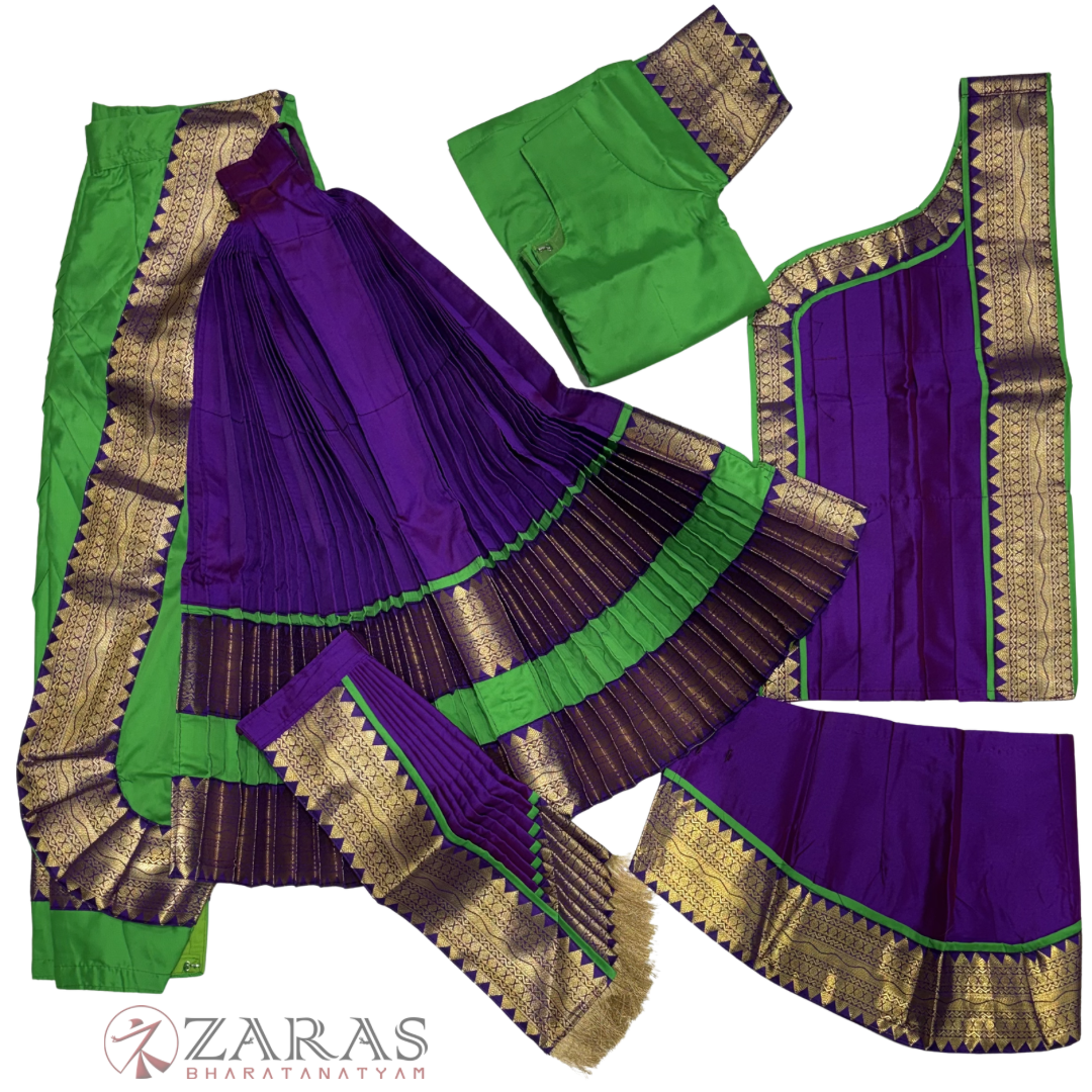 Kuchipudi Dance Readymade Costume - L Green with Violet Plain Combination
