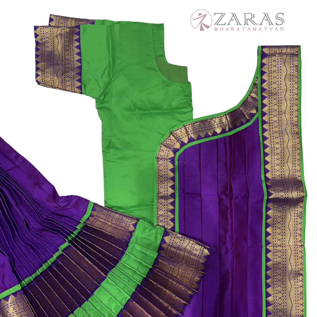 Kuchipudi Dance Readymade Costume - L Green with Violet Plain Combination