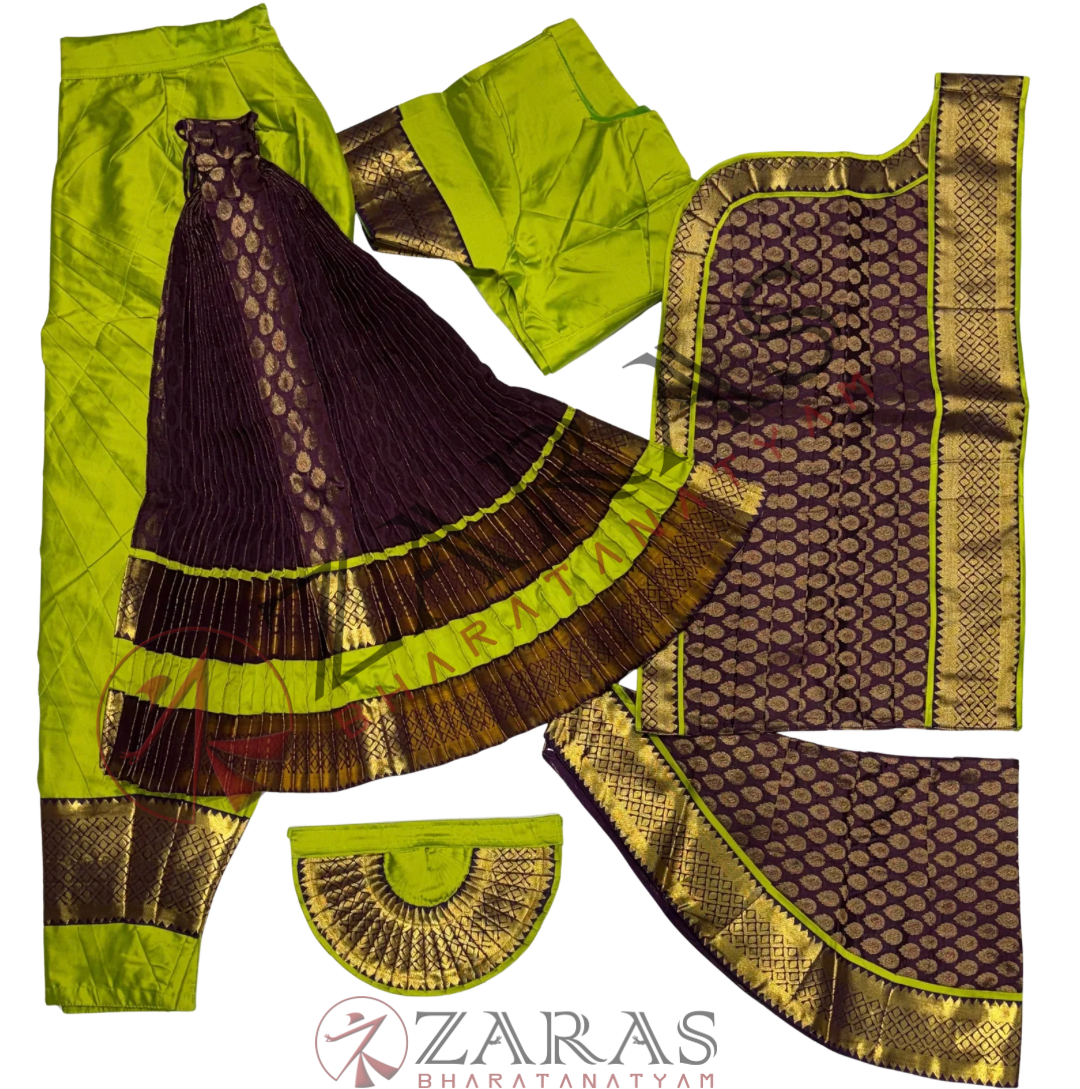 Bharatanatyam Dance Readymade Costume - Y Green with Wine Brocade Combination