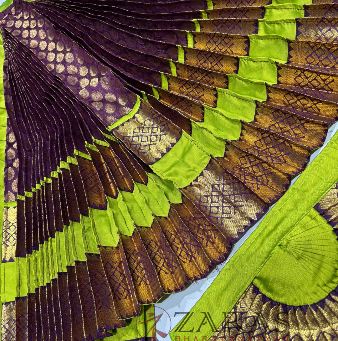 Bharatanatyam Dance Readymade Costume - Y Green with Wine Brocade Combination