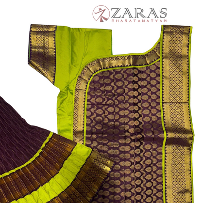 Bharatanatyam Dance Readymade Costume - Y Green with Wine Brocade Combination