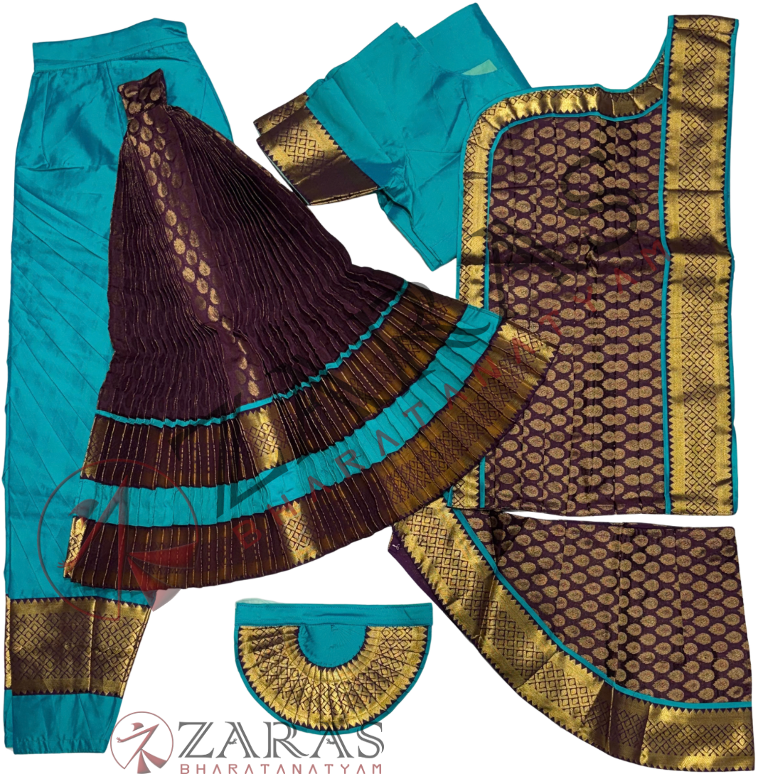 Bharatanatyam Dance Readymade Costume - Sea Blue with Wine Brocade Combination
