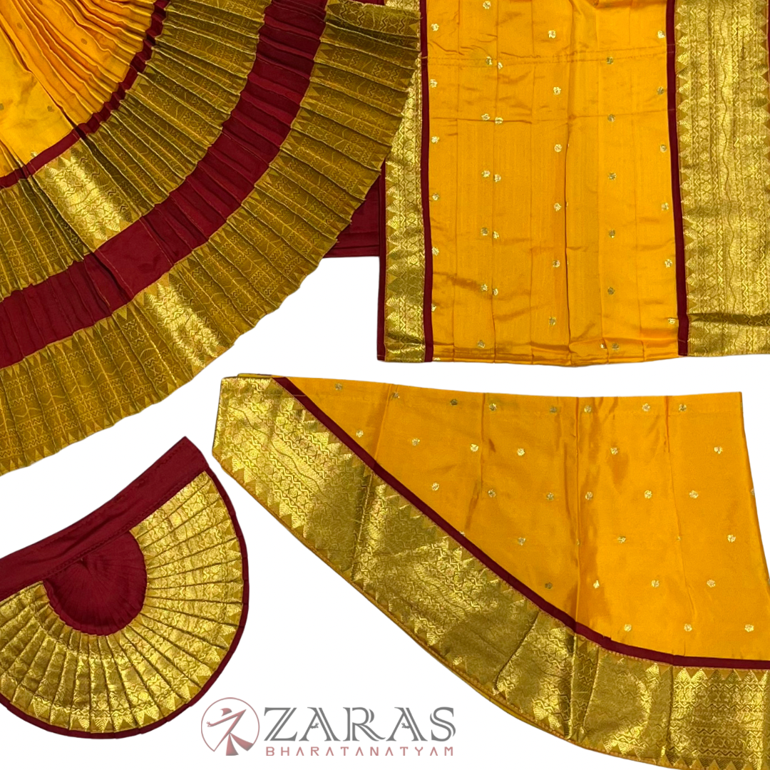 Bharatanatyam Dance Readymade Costume - Maroon with Yellow Dot Combination