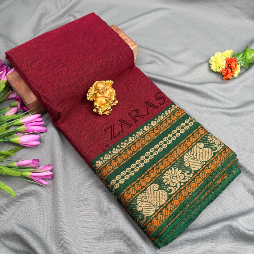 Bharatanatyam Dance Practice Saree - Maroon with Green Manga Border (6 meter)