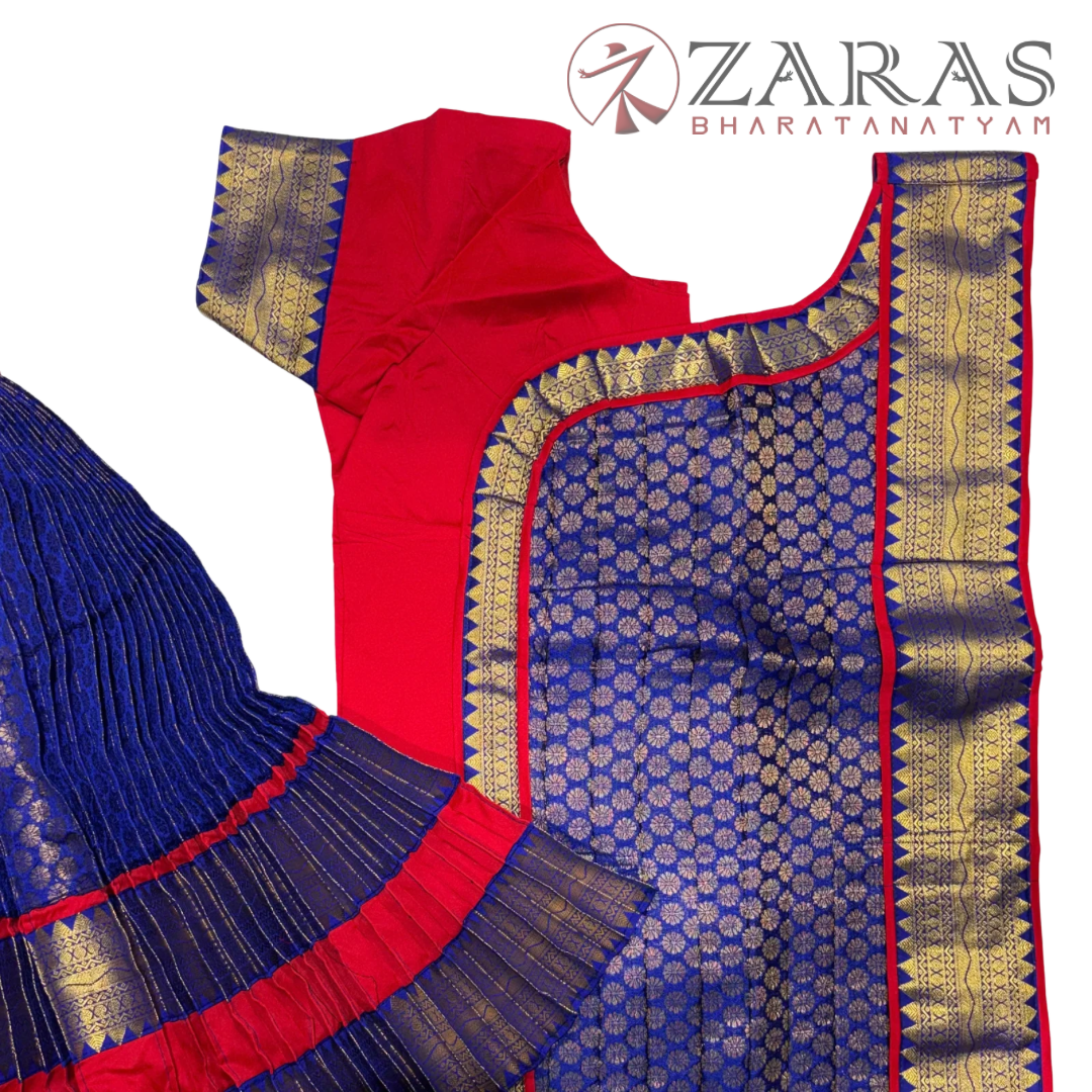Bharatanatyam Dance Readymade Costume - Red with Blue Brocade Combination