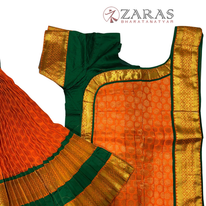 Bharatanatyam Dance Readymade Costume - D Green with Orange Brocade Combination