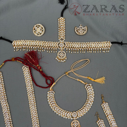Bharatanatyam Dance Jewellery - V & Flower White Stone Full Set