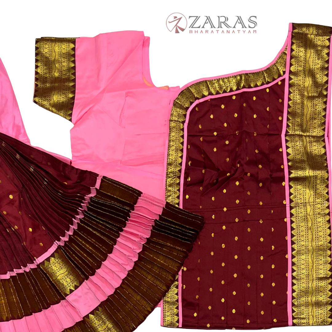 Bharatanatyam Dance Readymade Costume - Baby Pink with Maroon Dot Combination