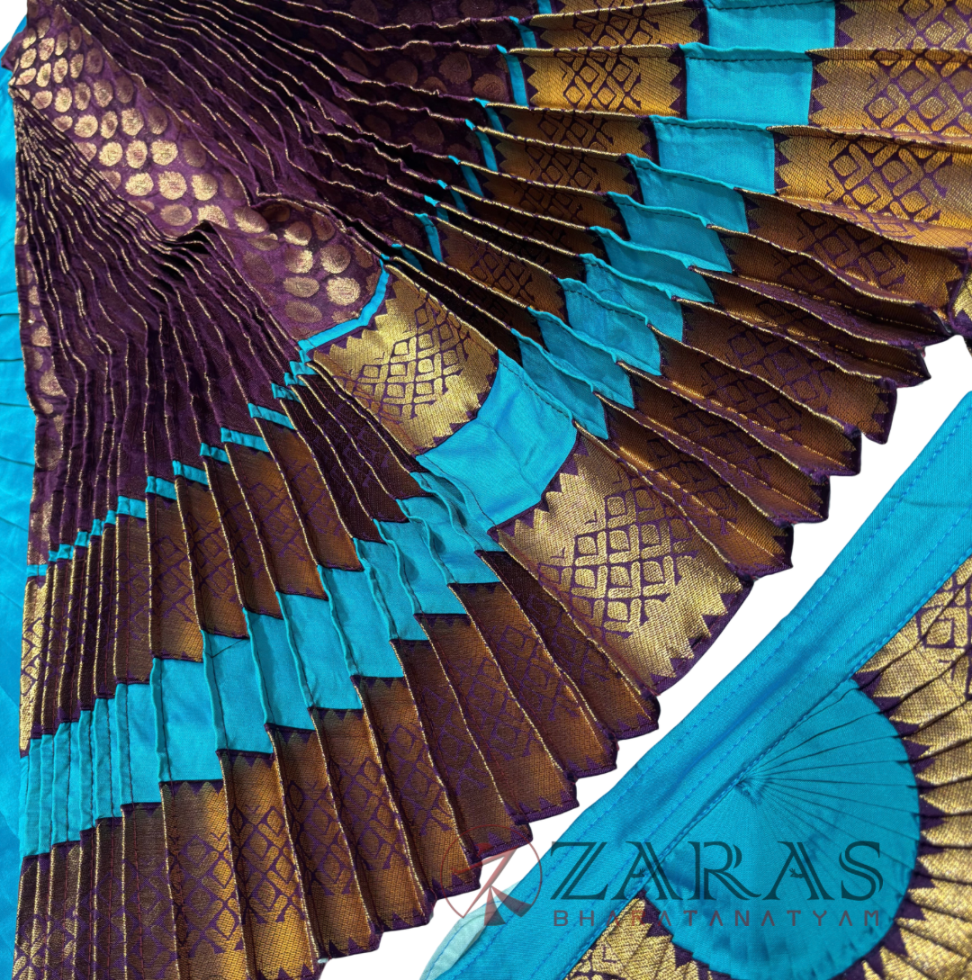 Bharatanatyam Dance Readymade Costume - Sea Blue with Wine Brocade Combination