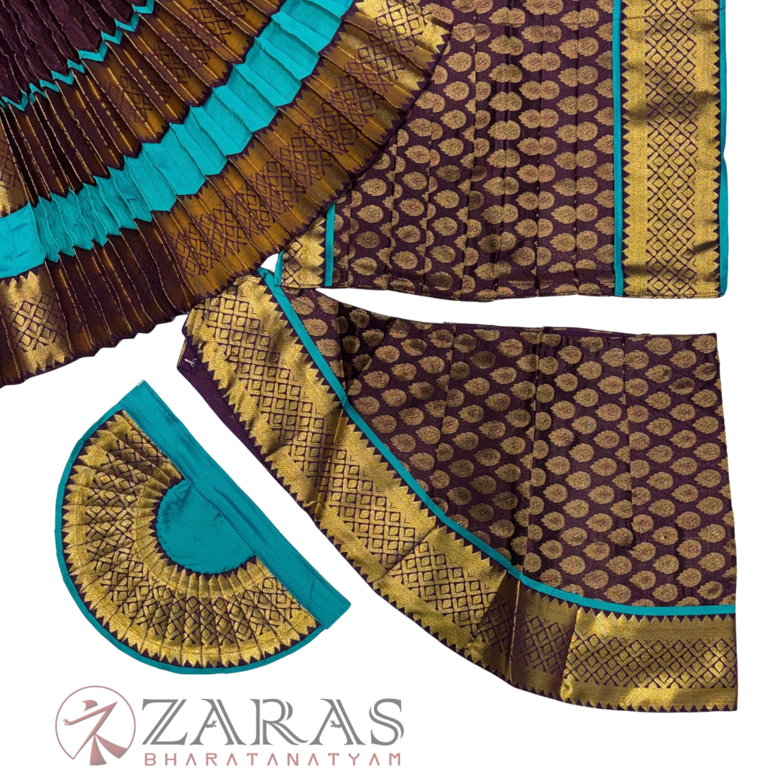 Bharatanatyam Dance Readymade Costume - Sea Blue with Wine Brocade Combination
