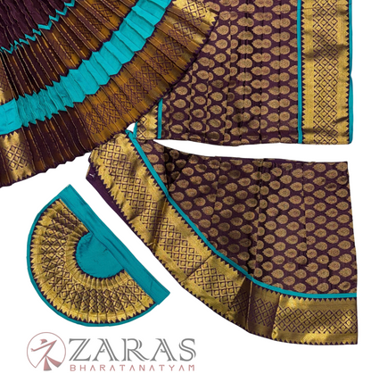 Bharatanatyam Dance Readymade Costume - Sea Blue with Wine Brocade Combination
