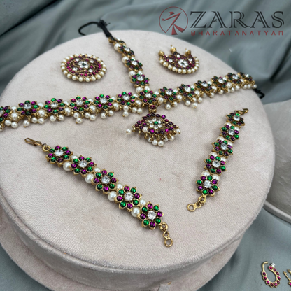 Bharatanatyam Dance Jewellery Alankara (Mehandi) Full set - Flower Design PG Kemp CS