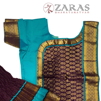 Bharatanatyam Dance Readymade Costume - Sea Blue with Wine Brocade Combination