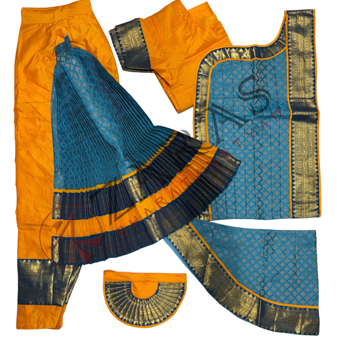 Bharatanatyam Dance Readymade Costume - M Yellow with Happy Blue Brocade Combination
