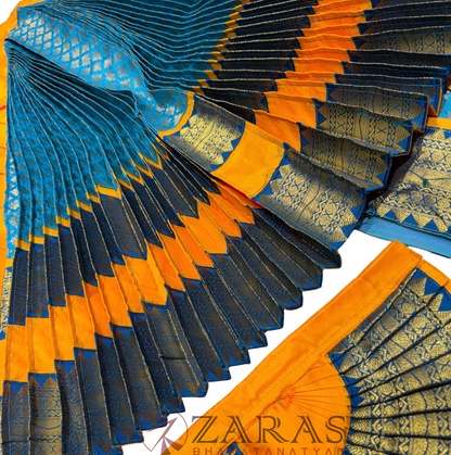 Bharatanatyam Dance Readymade Costume - M Yellow with Happy Blue Brocade Combination
