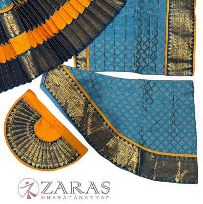 Bharatanatyam Dance Readymade Costume - M Yellow with Happy Blue Brocade Combination