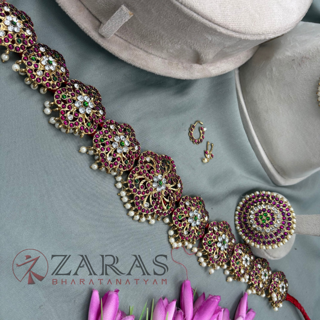 Bharatanatyam Dance Jewellery Alankara (Mehandi) Full set - Flower Design PG Kemp CS