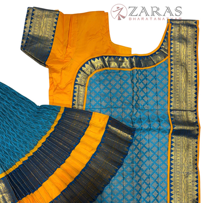 Bharatanatyam Dance Readymade Costume - M Yellow with Happy Blue Brocade Combination