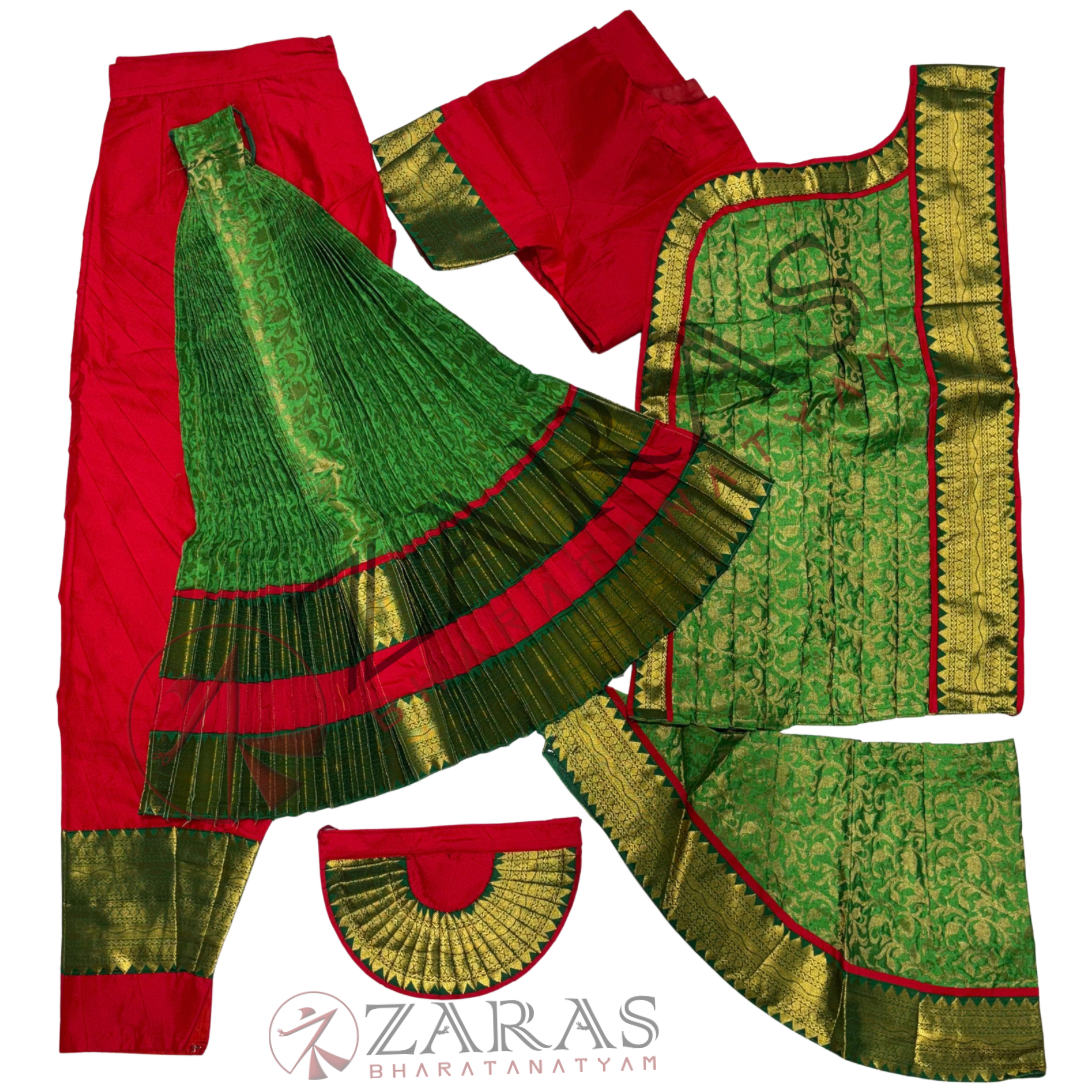 Bharatanatyam Dance Readymade Costume - Red with Green Brocade Combination
