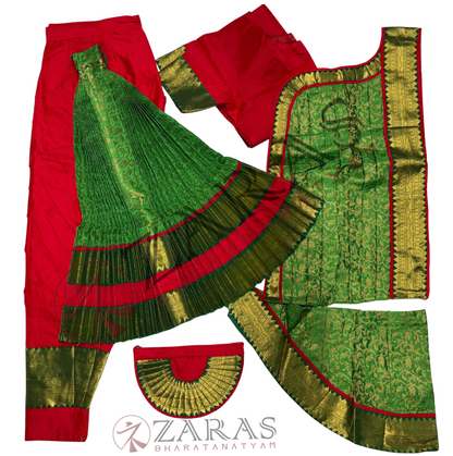 Bharatanatyam Dance Readymade Costume - Red with Green Brocade Combination