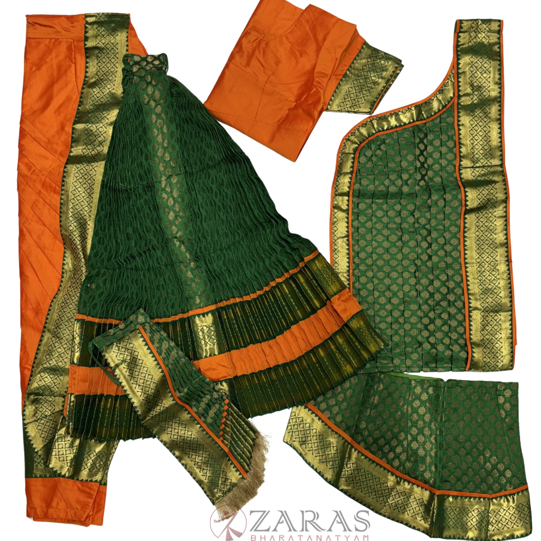 Kuchipudi Dance Readymade Costume - Orange with Green Brocade Combination