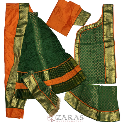Kuchipudi Dance Readymade Costume - Orange with Green Brocade Combination