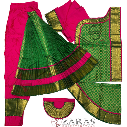 Bharatanatyam Dance Readymade Costume - Pink with Green Brocade Combination