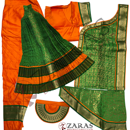 Bharatanatyam Dance Readymade Costume - Orange with Green Brocade Combination