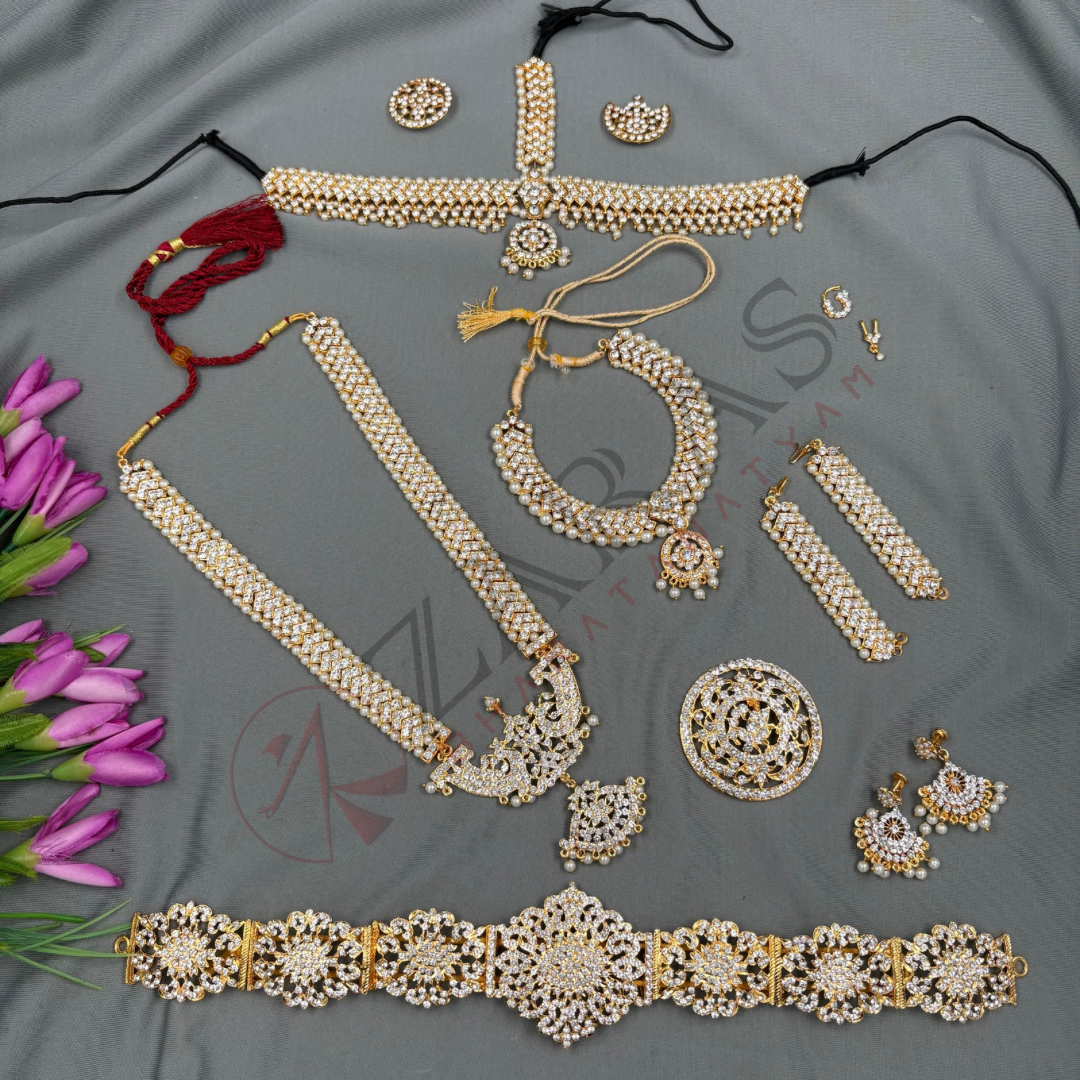 Bharatanatyam Dance Jewellery - V & Flower White Stone Full Set