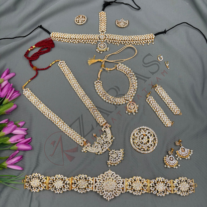 Bharatanatyam Dance Jewellery - V & Flower White Stone Full Set