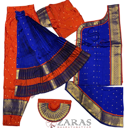 Bharatanatyam Dance Readymade Costume - D Orange with Blue Dot Combination
