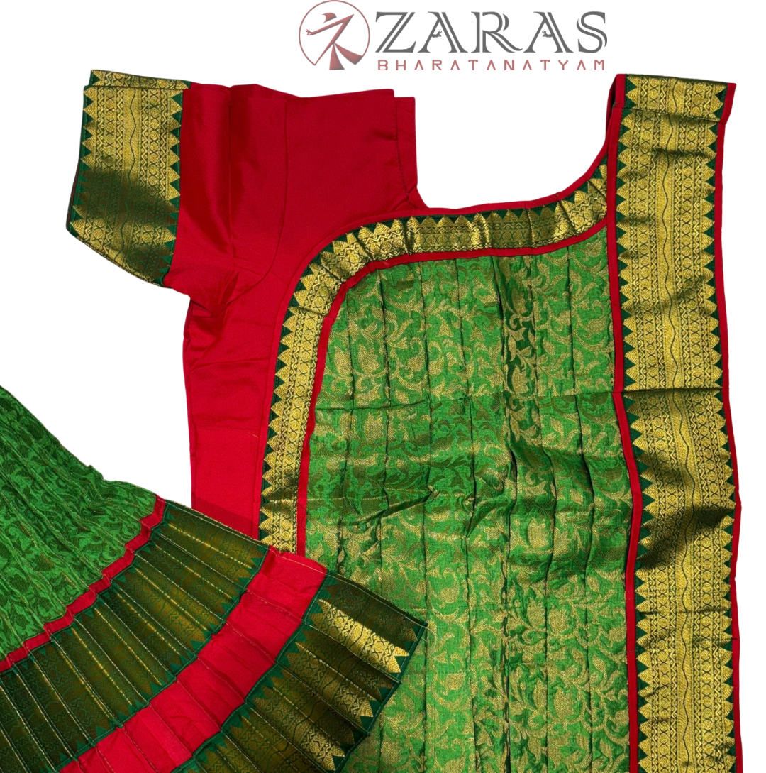 Bharatanatyam Dance Readymade Costume - Red with Green Brocade Combination