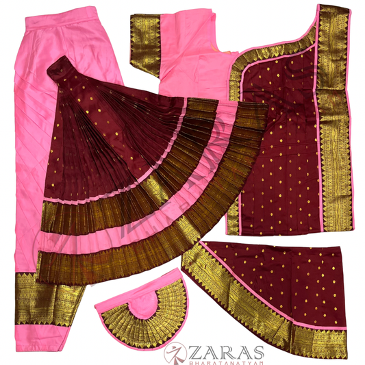 Bharatanatyam Dance Readymade Costume - Baby Pink with Maroon Dot Combination