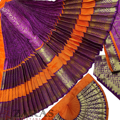 Bharatanatyam Dance Readymade Costume - Orange with Purple Brocade Combination