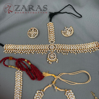 Bharatanatyam Dance Jewellery - V & Flower White Stone Full Set