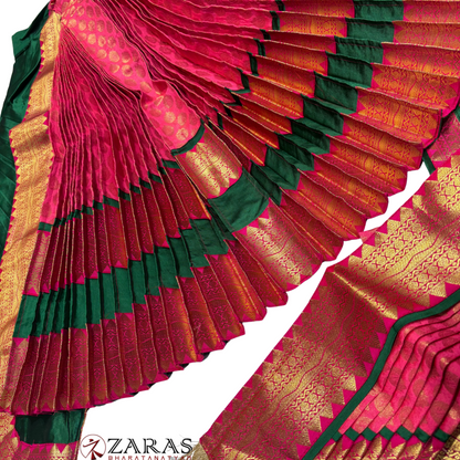 Kuchipudi Dance Readymade Costume - Dark Green with Peach Pink Brocade Combination