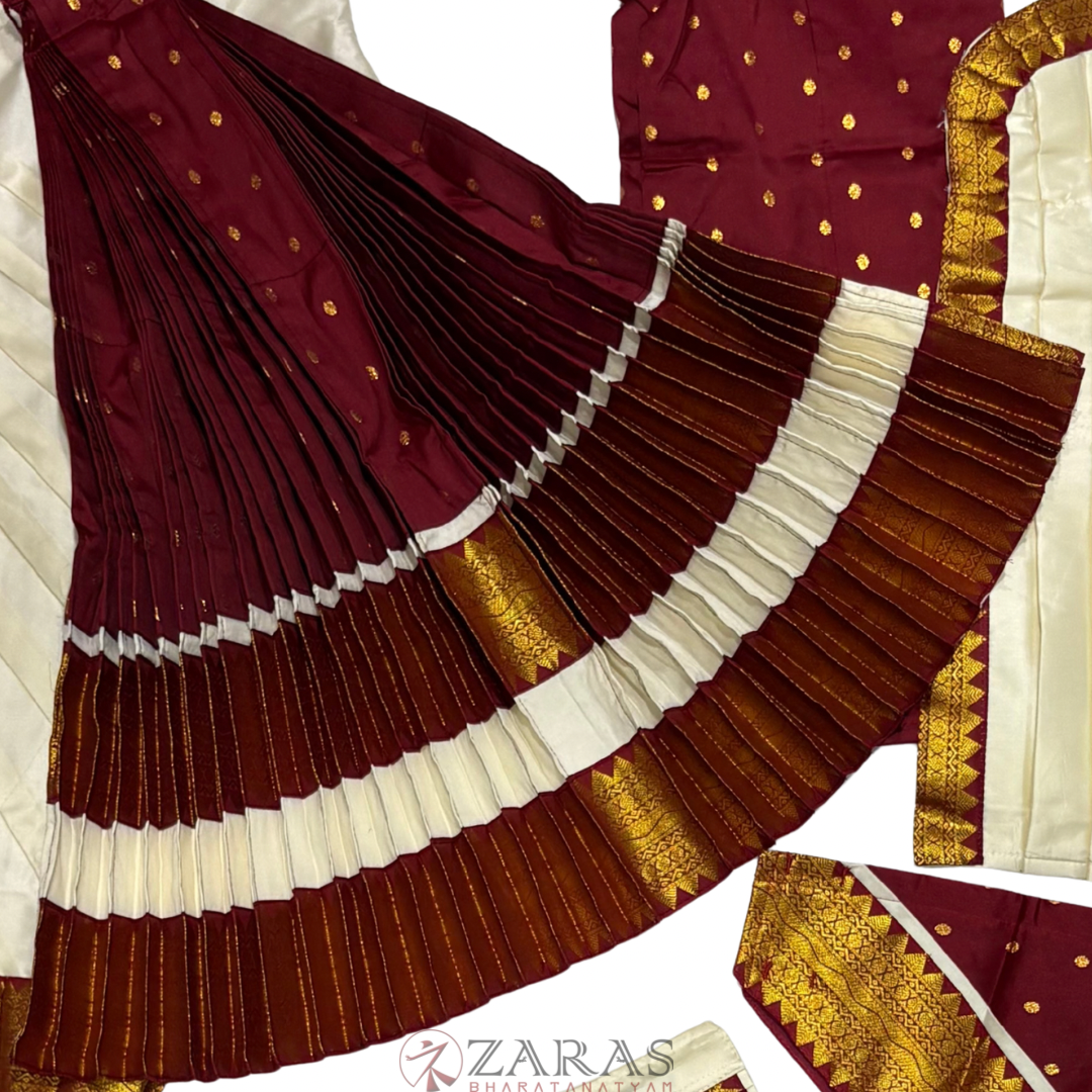 Bharatanatyam Dance Readymade Costume - Half White with Maroon Dot