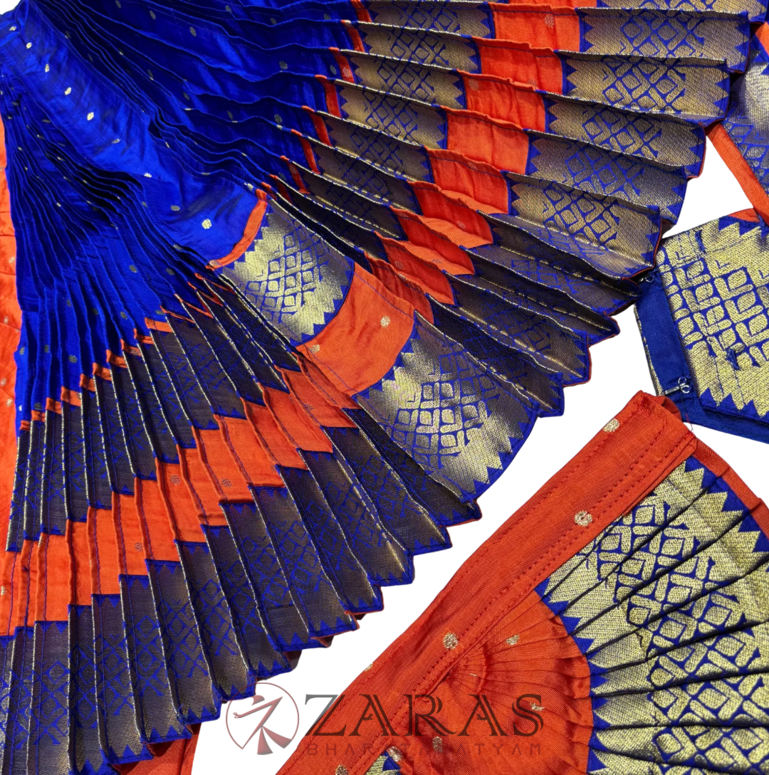 Bharatanatyam Dance Readymade Costume - D Orange with Blue Dot Combination