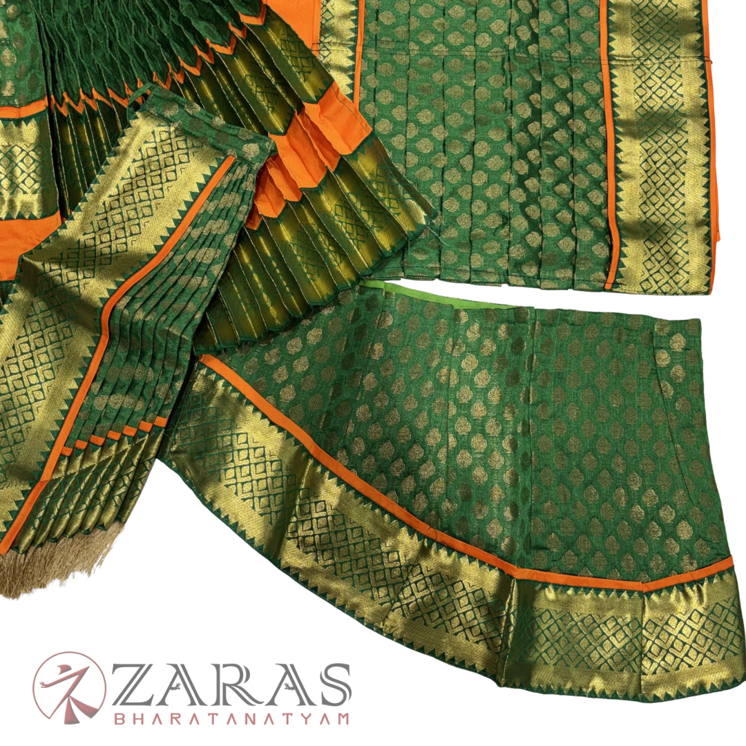 Kuchipudi Dance Readymade Costume - Orange with Green Brocade Combination